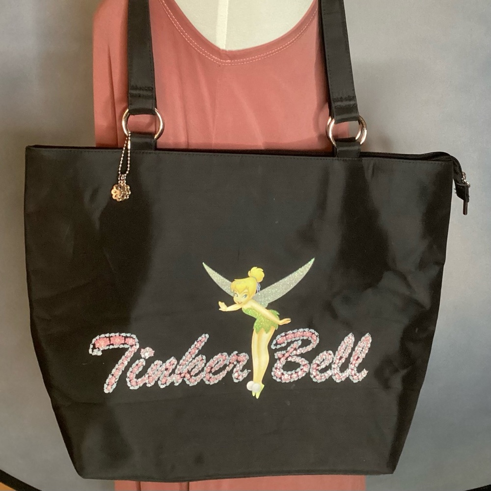 Disney Tinkerbell Shoulder Tote Bag Purse Black with Pink Sparkles/Sequins